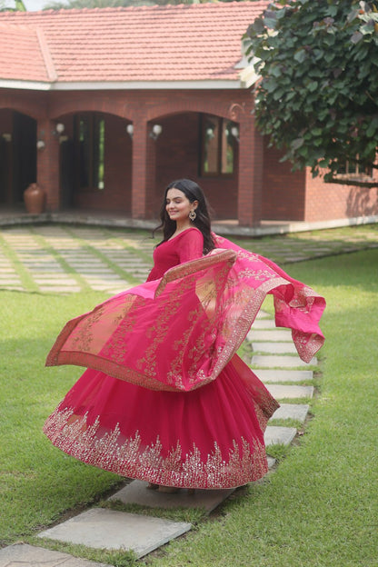 Pink Faux Blooming Gown With Dupatta With Attractive Embroidered Sequins Work With Lace Border