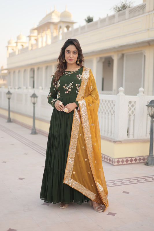 Green Faux Georgette Gown With Russian Silk Dupatta With Adorable Embroidered Thread Work