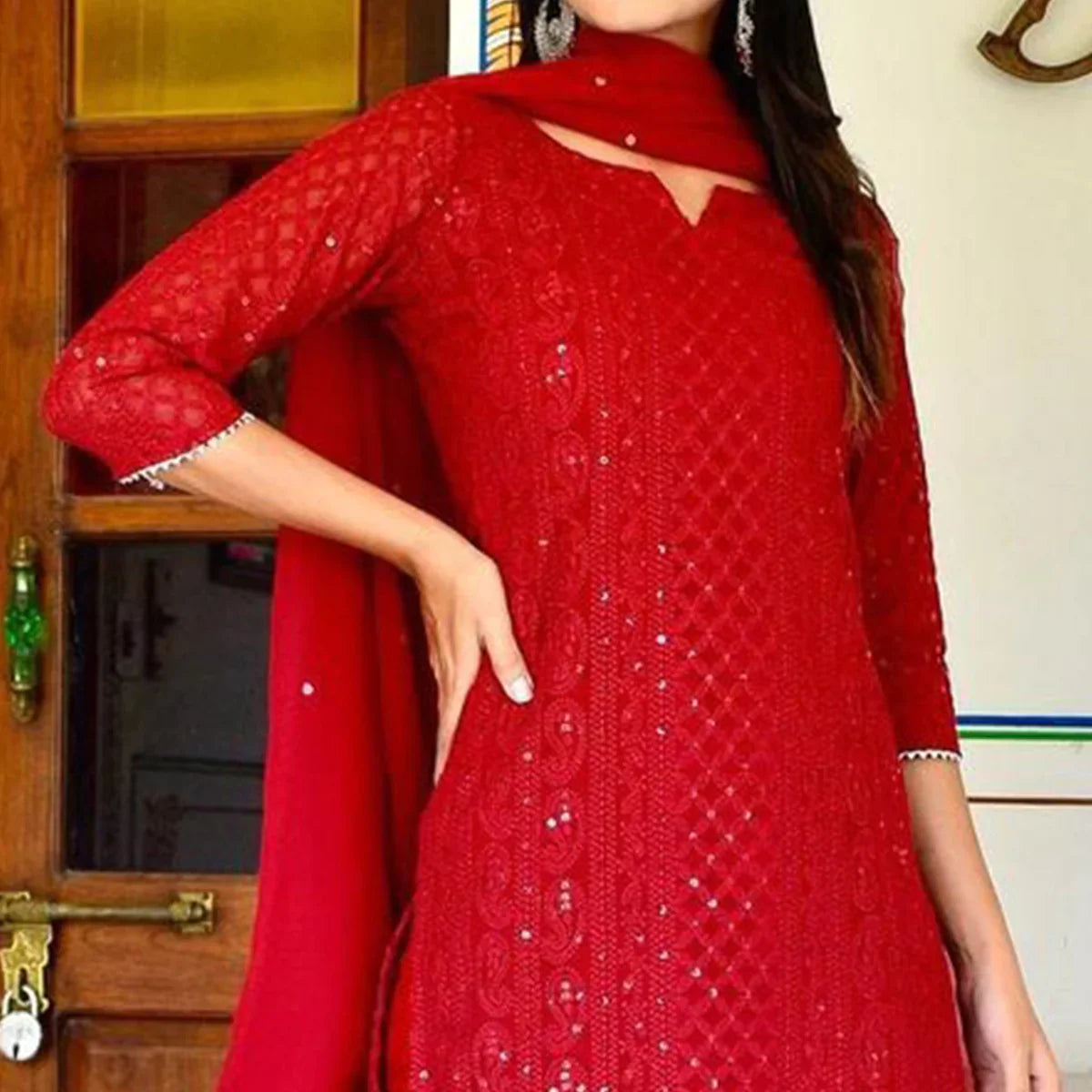 Red Lucknowi Chikankari Work Georgette Kurti Pant Set With Dupatta