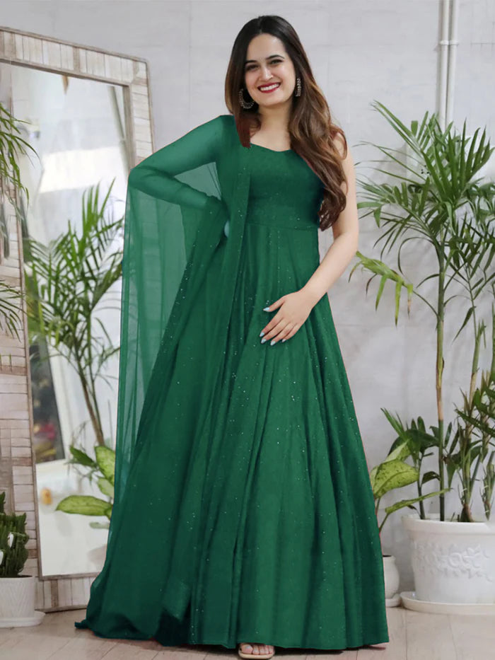 Dark Green Rayon Anarkali Lucknowi Chikankari Embroidery Work Gown