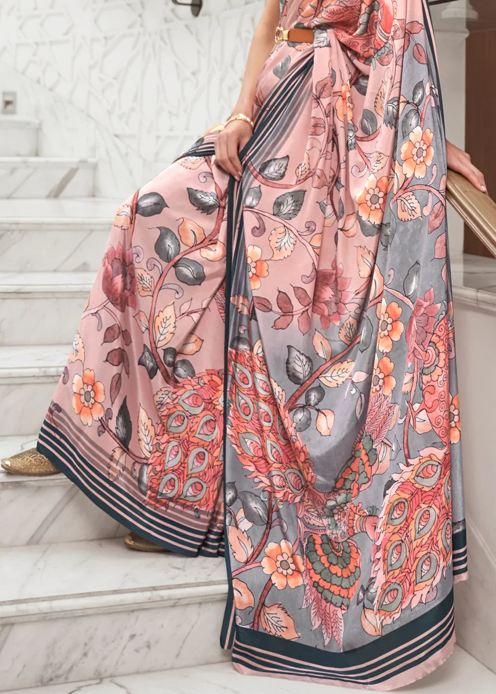 Peach And Grey Partywear Floral Digital Printed Silk Saree