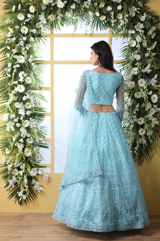 Sky Blue Thread Embroidered with Net Lehenga Choli Set