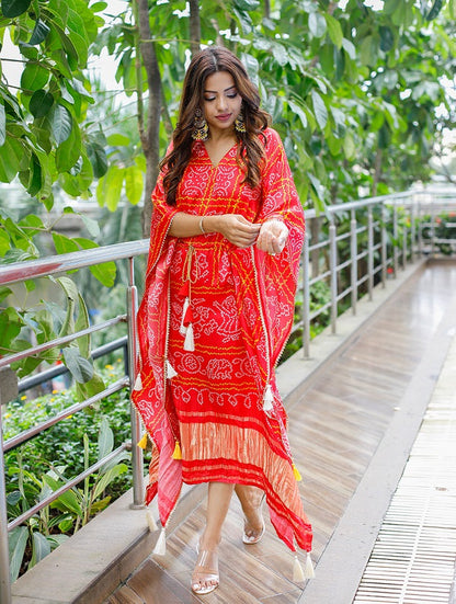 Red Color Digital Bandhej Print Pure Gaji Silk Kaftan Gown