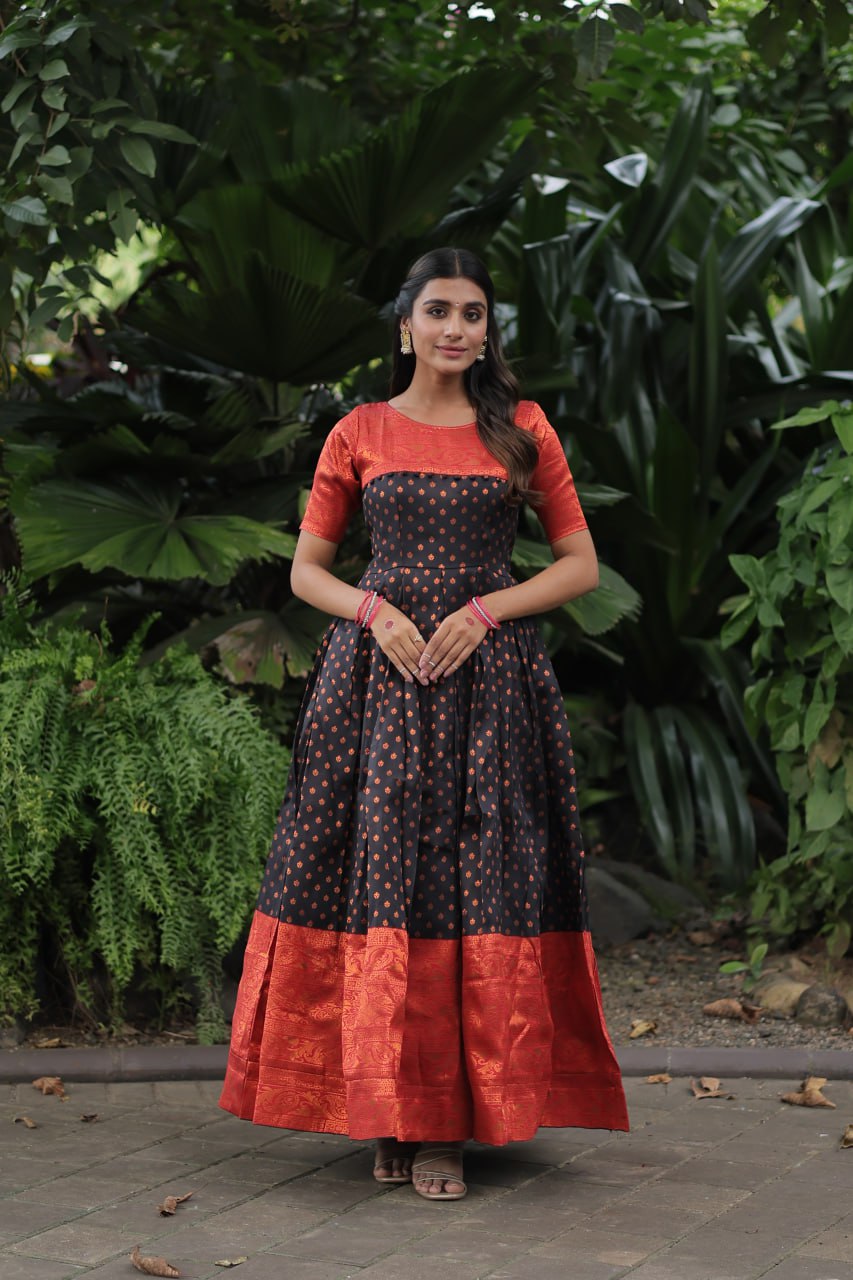 Black  Banarasi Jacquard Silk With Texture Designer Weaving Design Gown