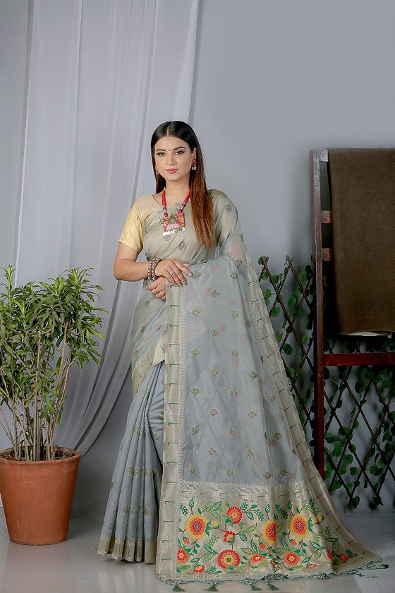 Grey Paithani Saree In Organza Smooth Fabric With Rich Weaving And Cotton Tassles On Pallu