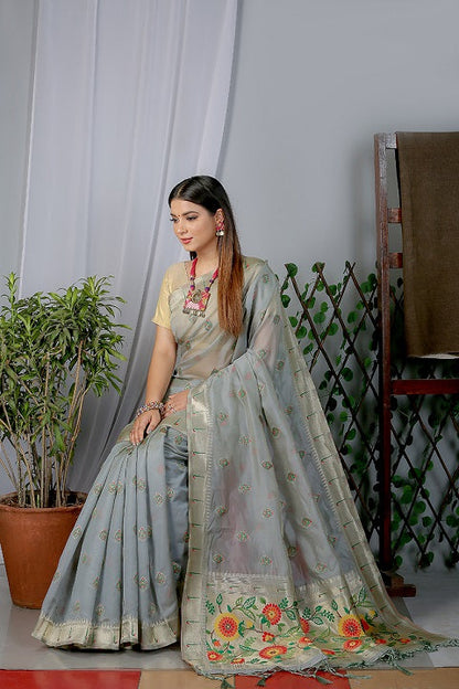 Grey Paithani Saree In Organza Smooth Fabric With Rich Weaving And Cotton Tassles On Pallu