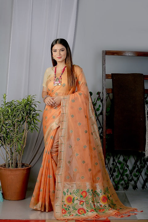 Orange  Paithani Saree In Organza Smooth Fabric With Rich Weaving And Cotton Tassles On Pallu