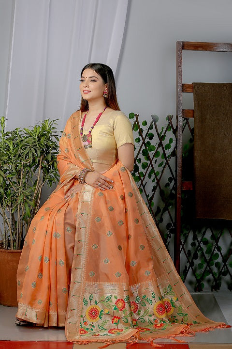 Orange  Paithani Saree In Organza Smooth Fabric With Rich Weaving And Cotton Tassles On Pallu