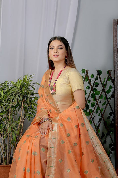 Orange  Paithani Saree In Organza Smooth Fabric With Rich Weaving And Cotton Tassles On Pallu