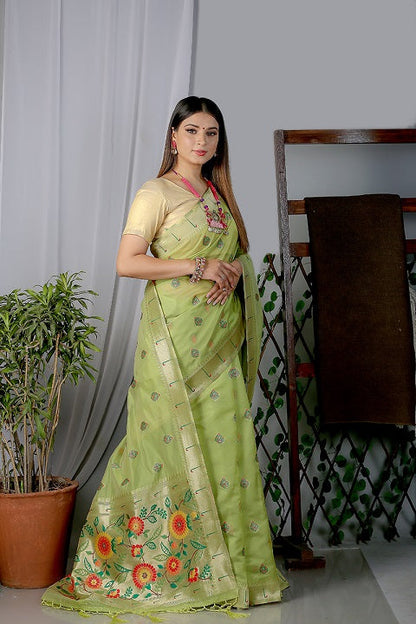 Green Paithani Saree In Organza Smooth Fabric With Rich Weaving And Cotton Tassles On Pallu