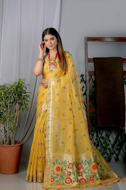 Yellow Paithani Saree In Organza Smooth Fabric With Rich Weaving And Cotton Tassles On Pallu