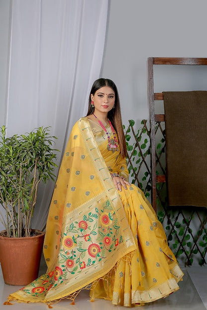 Yellow Paithani Saree In Organza Smooth Fabric With Rich Weaving And Cotton Tassles On Pallu