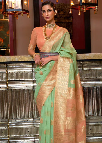 Turquoise Fancy Linen Weaving Saree