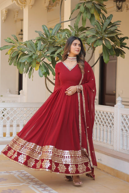 Maroon Colour Faux Blooming Gown With Dupatta With Attractive Embroidered Sequins Work