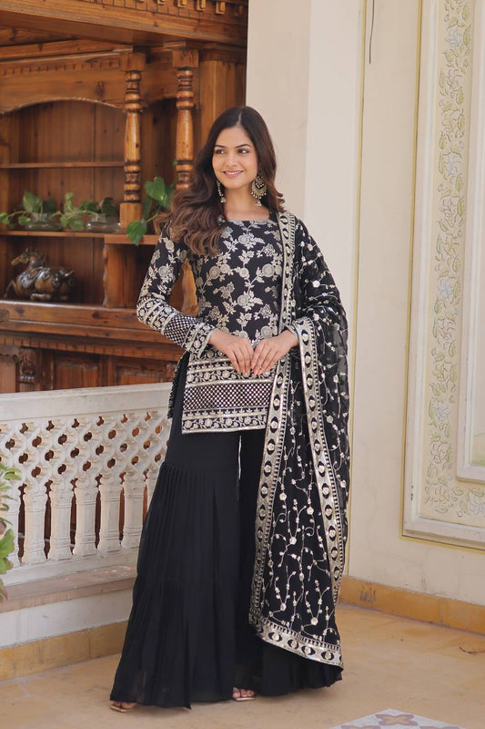 Black Viscose Jacquerd Sequins And Zari Embroidered Work Top Gharara With Dupatta