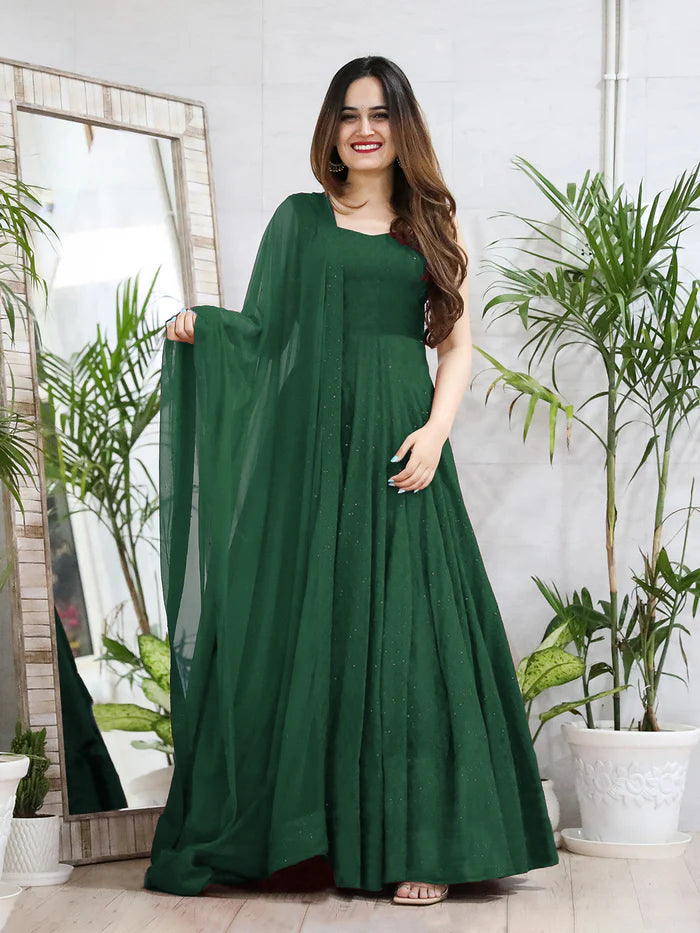 Dark Green Rayon Anarkali Lucknowi Chikankari Embroidery Work Gown