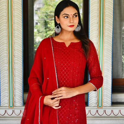 Red Lucknowi Chikankari Work Georgette Kurti Pant Set With Dupatta