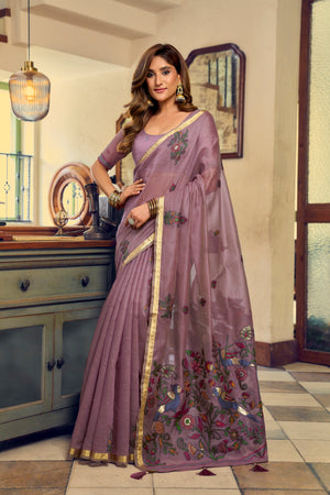 Mauve Kolkata Cotton Saree featuring colorful floral litchi work and fancy tassels by The Beauty Queen Surat.