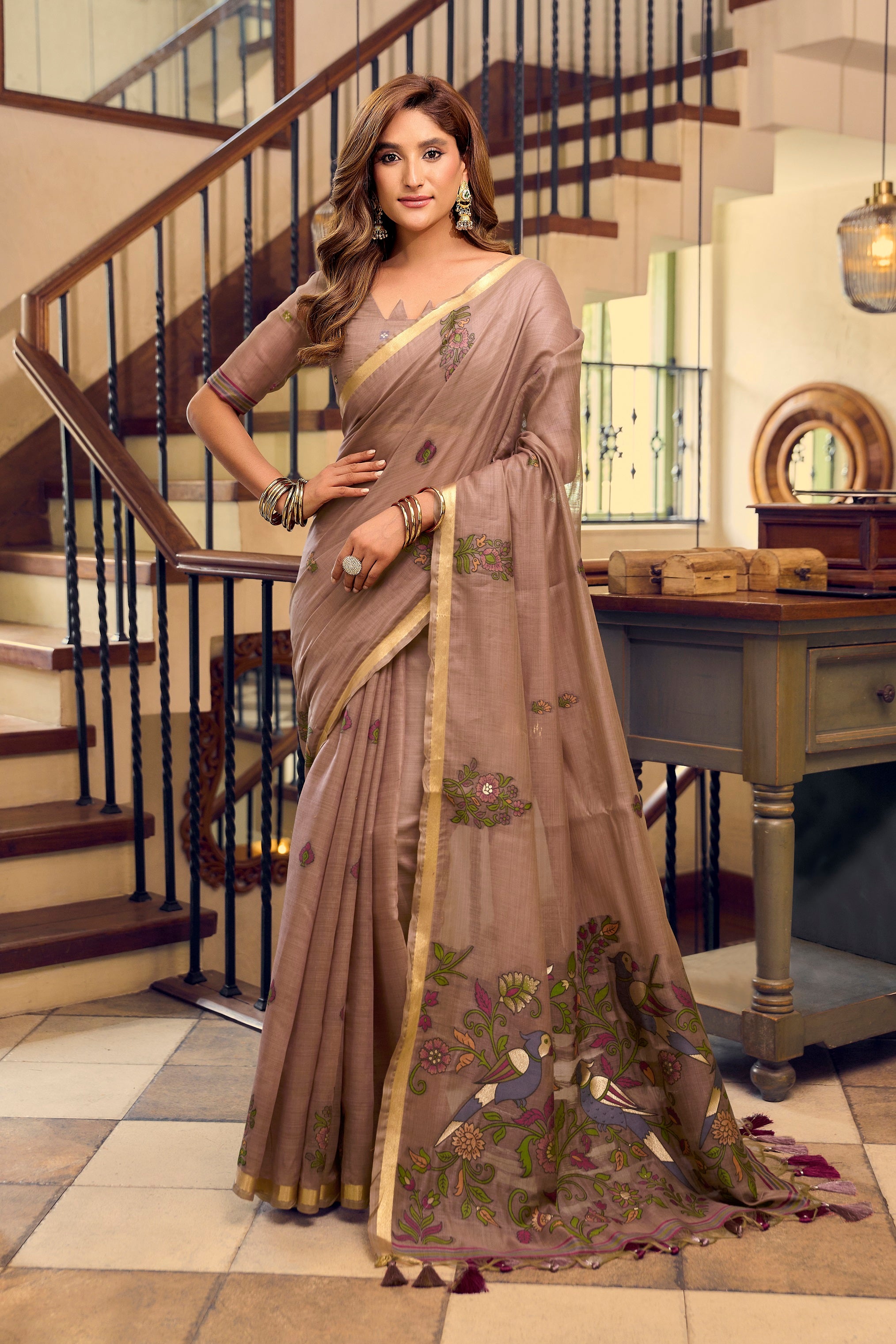Earthy Brown Kolkata Cotton Saree with traditional litchi work embroidery and designer tassels by The Beauty Queen Surat.