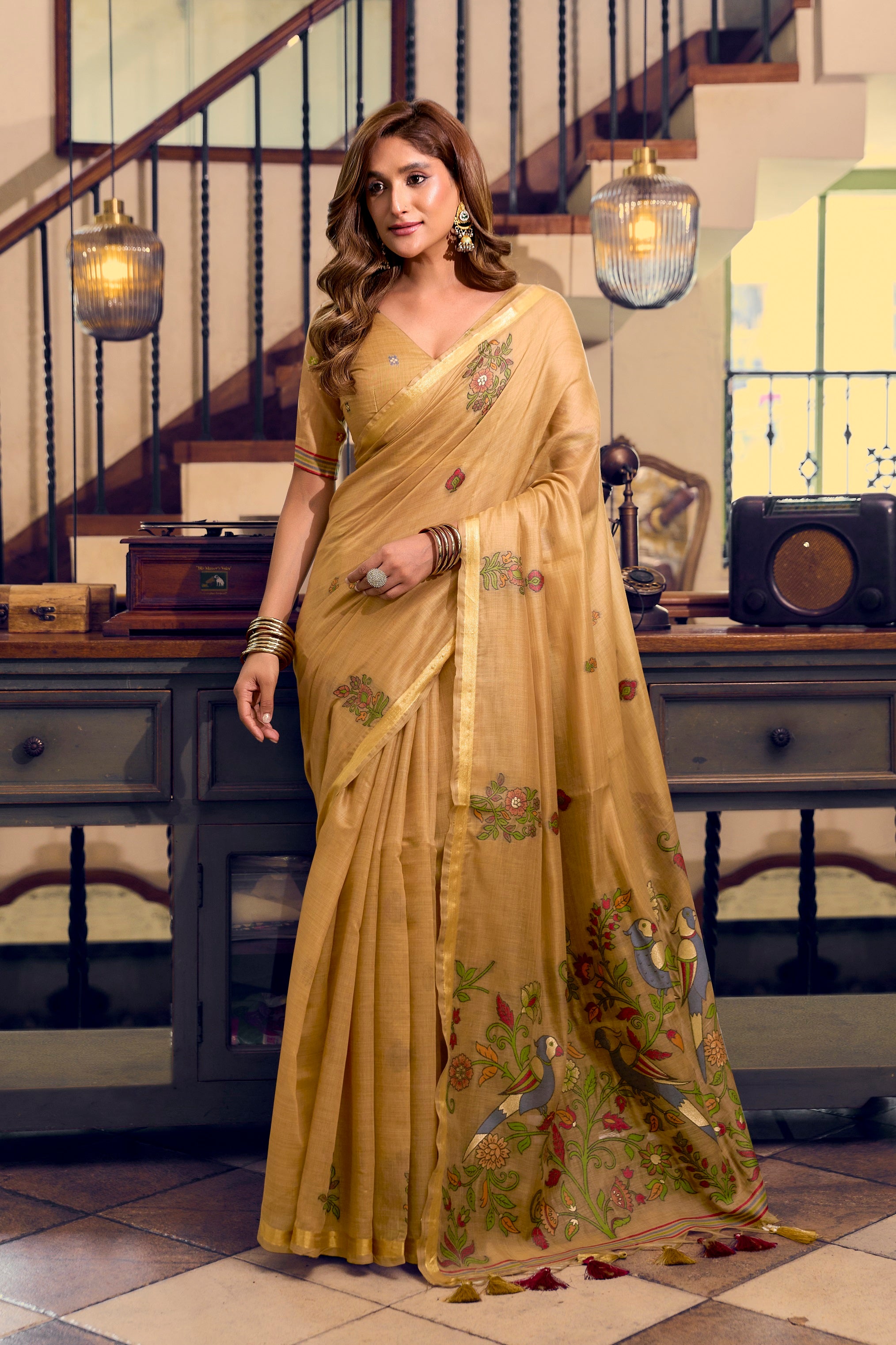 Golden Mustard Kolkata Cotton Saree with traditional litchi work embroidery and fancy tassels by The Beauty Queen Surat.