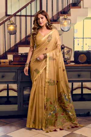 Golden Mustard Kolkata Cotton Saree with traditional litchi work embroidery and fancy tassels by The Beauty Queen Surat.