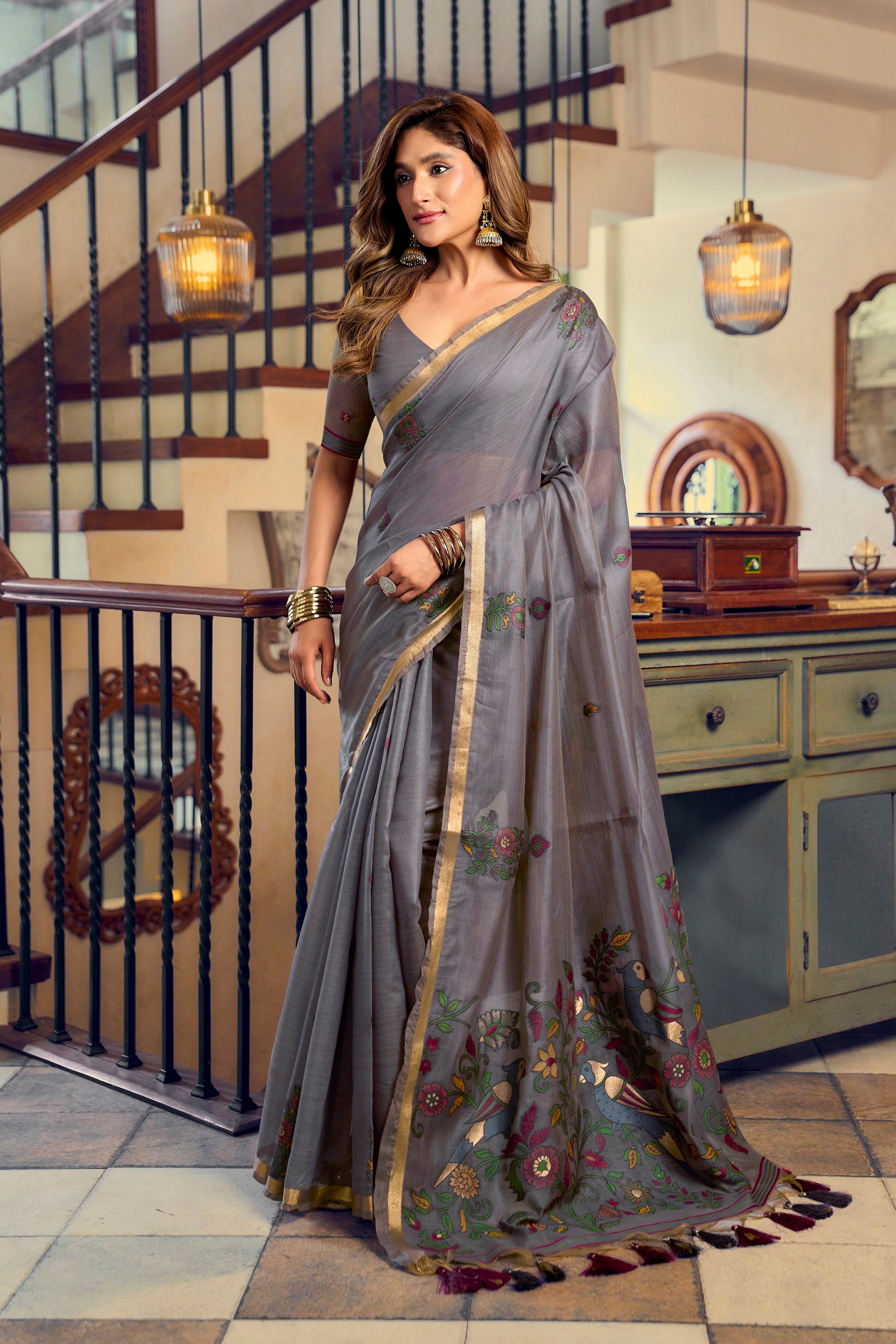 Charcoal Grey Kolkata Cotton Saree with Litchi Work & Fancy Tassels