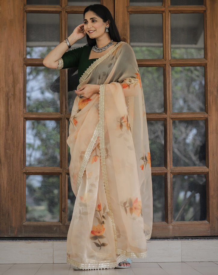 Yellow  Organza Heavy Digital Print And Lace Work Saree