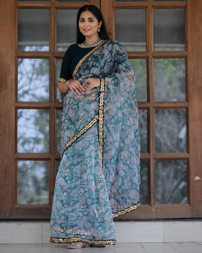 Off White  Organza Heavy Digital Print And Lace Work Saree