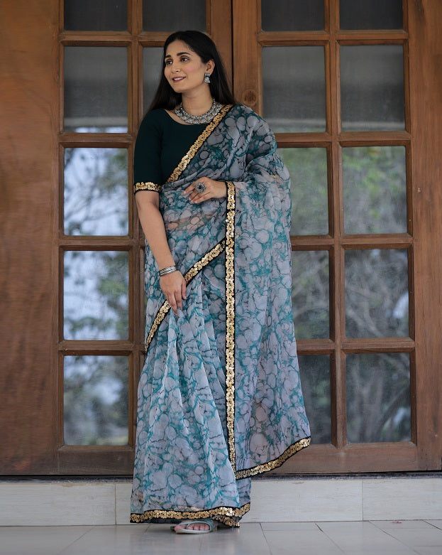 Off White  Organza Heavy Digital Print And Lace Work Saree