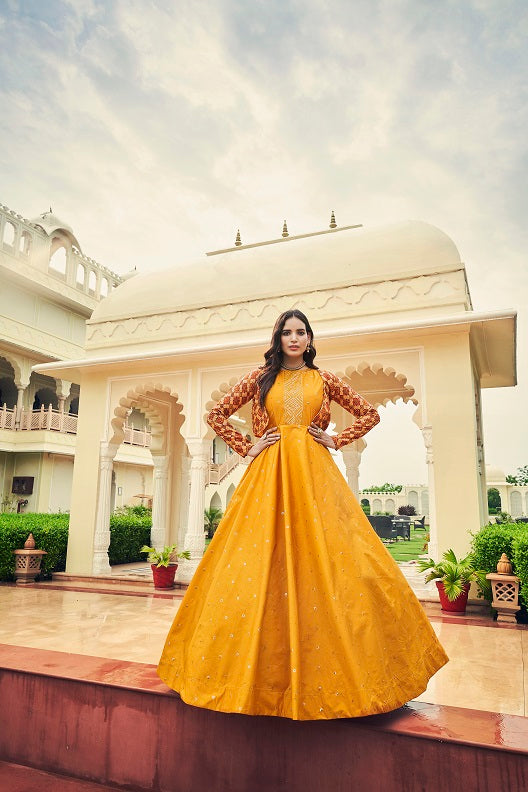 Yellow Sequence Embroidered Pure Cotton Gown With Koti