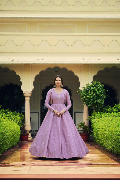 Lavender Sequence Embroidered Pure Cotton Gown With Koti