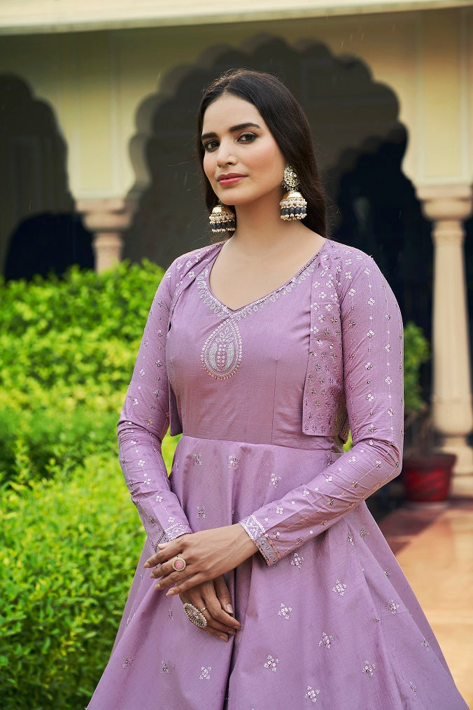 Lavender Sequence Embroidered Pure Cotton Gown With Koti