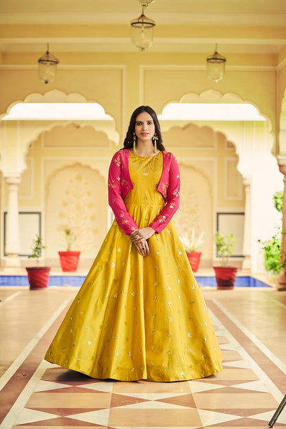 Lemon Green Sequence Embroidered Pure Cotton Gown With Koti