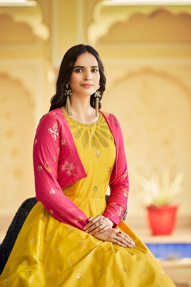Lemon Green Sequence Embroidered Pure Cotton Gown With Koti