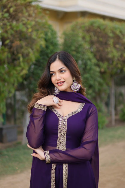 Wine Colour Faux Blooming With Embroidered Work Kurti Suit