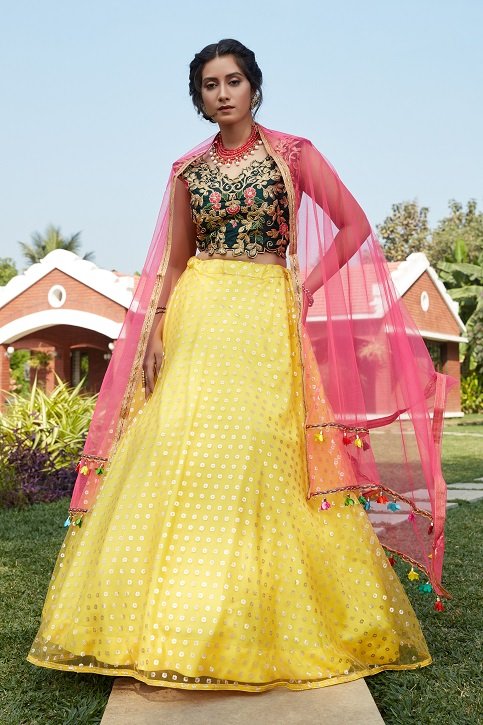 Yellow Green Color Lehenga Choli with Contrast Pink Dupatta