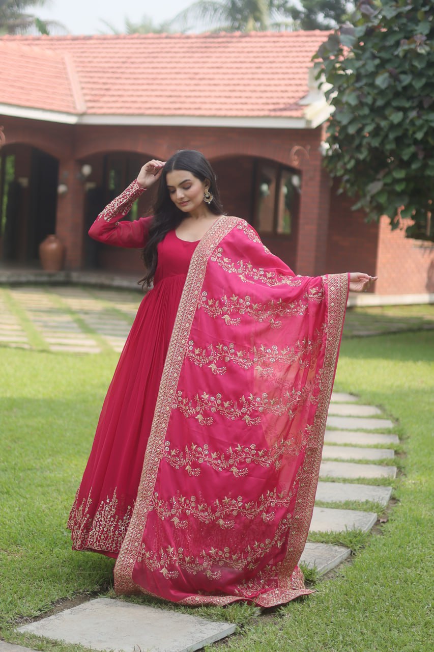 Pink Faux Blooming Gown With Dupatta With Attractive Embroidered Sequins Work With Lace Border