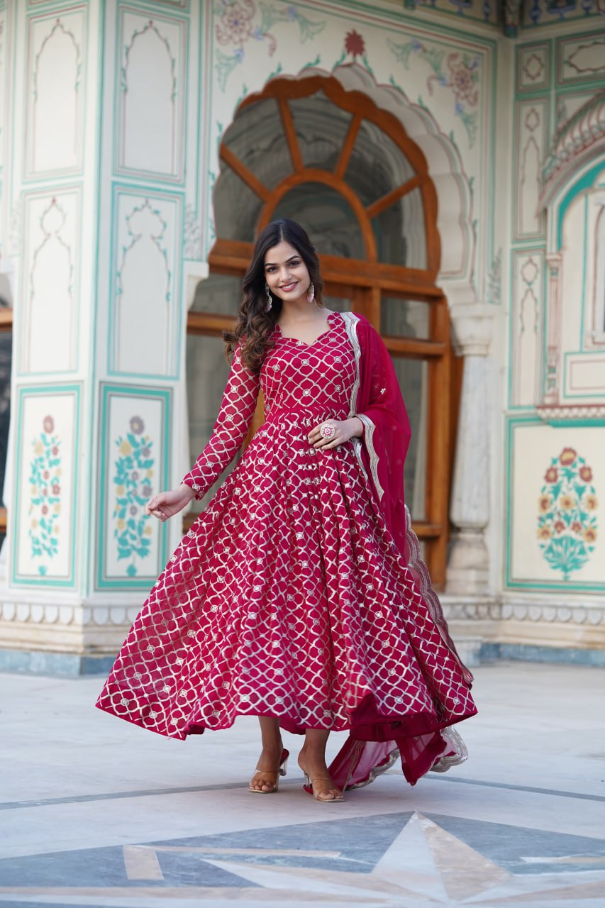 Rani Pink Colour Faux Blooming With Sequins Embroidered Work Gown