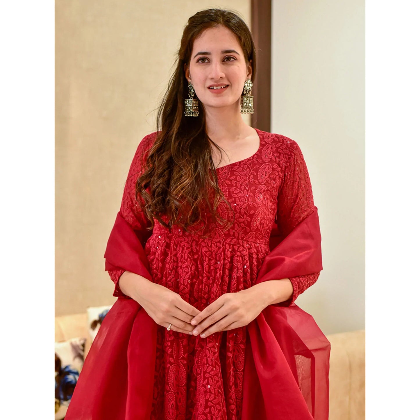 Red Lucknowi Chikankari Embroidered Work Georgette Anarkali Salwar Suit