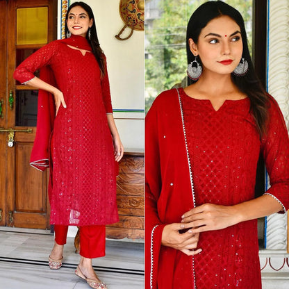 Red Lucknowi Chikankari Work Georgette Kurti Pant Set With Dupatta