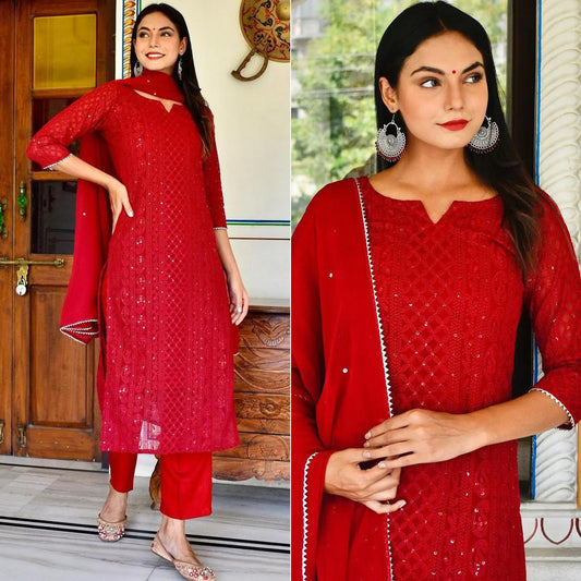 Red Lucknowi Chikankari Work Georgette Kurti Pant Set With Dupatta