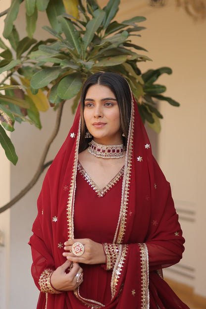 Maroon Colour Faux Blooming Gown With Dupatta With Attractive Embroidered Sequins Work