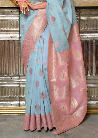 Peach And Sky Blue Fancy Linen Weaving Saree