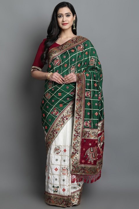 Patola Silk Saree | White, Bottle Green, Red Panetar Wedding Saree | Doli Design Saree