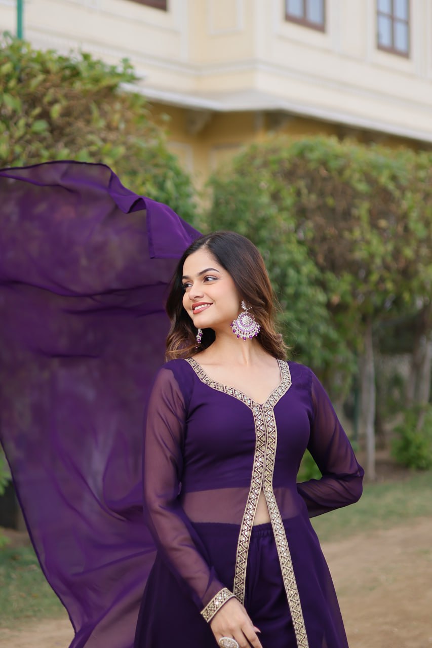 Wine Colour Faux Blooming With Embroidered Work Kurti Suit