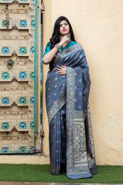 Grey Color Beautiful Banarasi Weaving Silk Party Wear Saree