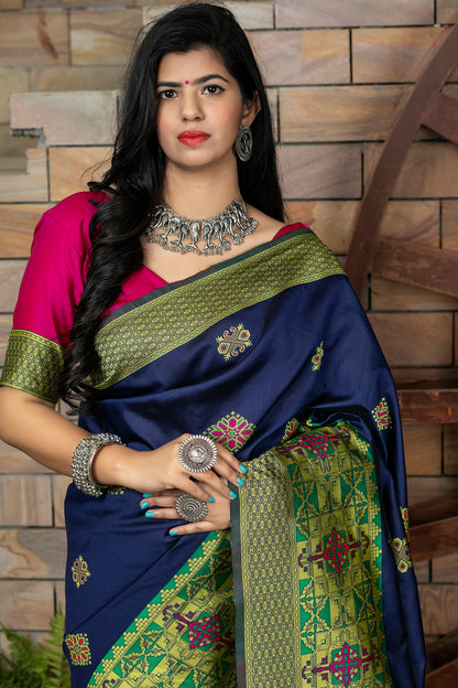 Navy Color Beautifully Designed Banarasi Weaving Silk Saree For Women