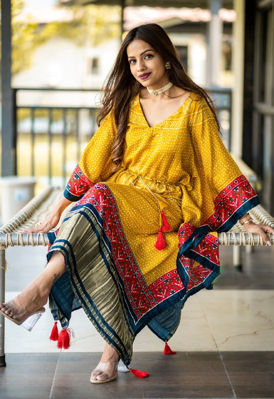 Mustard Color Digital Bandhej Print Pure Gaji Silk Kaftan With Gota Patti Work Lace Border Gown