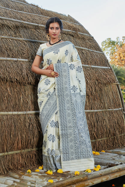 Off White Color Womens Wear Banarsai Weaving Silk Designer Saree