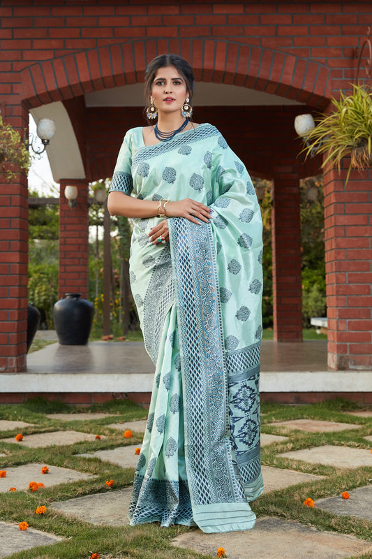 Party Wear Turquoise Blue Banarasi Weaving Silk Saree